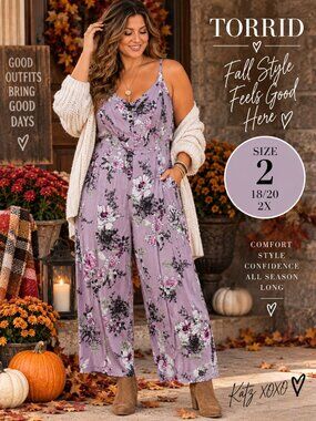 Torrid Purple Floral Jumpsuit 2X 18/20 Wide Leg Challis Strappy Plus Size Romper